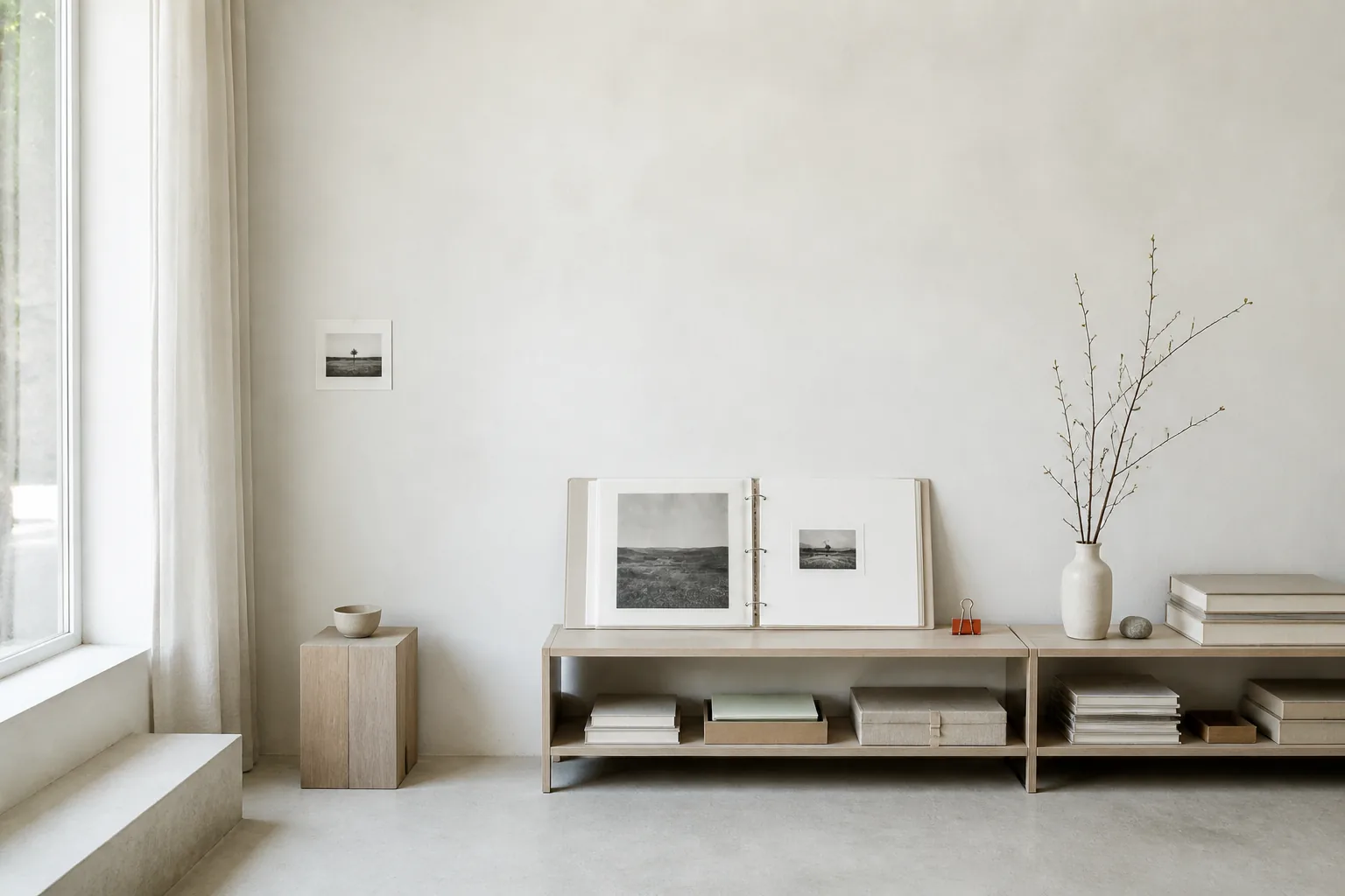 An open photography portfolio, carefully kept in a quiet, sunlit studio